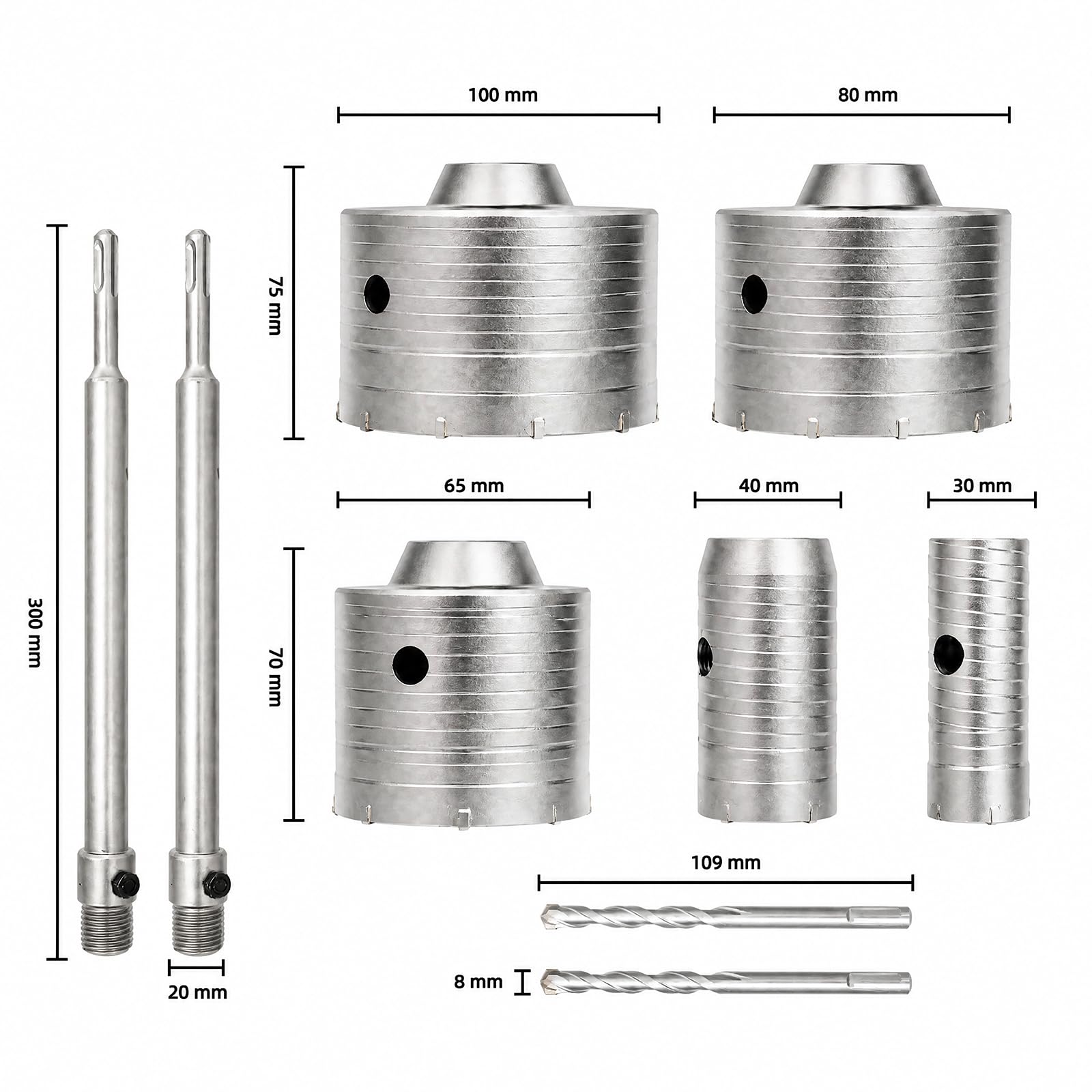 Sega a Tazza Set per Calcestruzzo e Muratura, Carotatrice a Tazza per Muro 30 40 65 80 100 mm, Fresa a Tazza per Muro, Set di Trapani con Adattatore SDS, Punta Centraggio