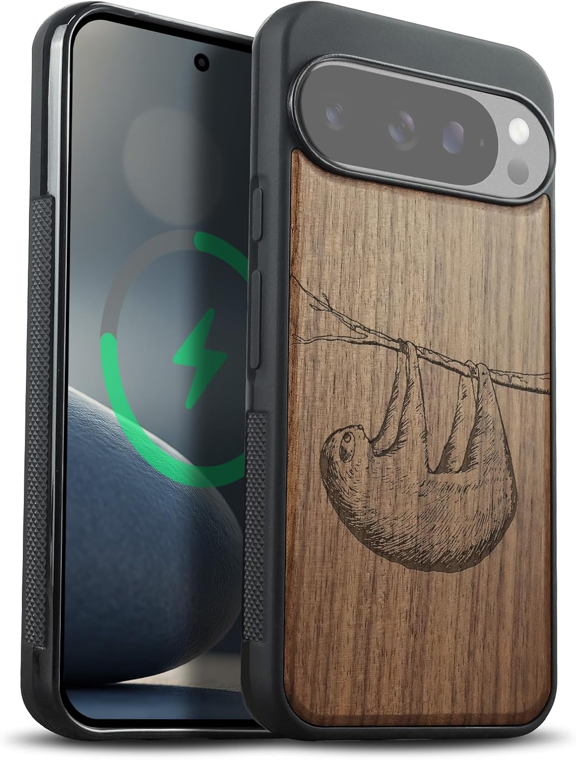 Carveit Magnetic Wooden Case for Google Pixel 10 Pro XL Case, Wood Artisan Engraved & Soft TPU Shockproof Cover, Compatible with MagSafe Wireless Chargers (Hanging Sloth) Walnut