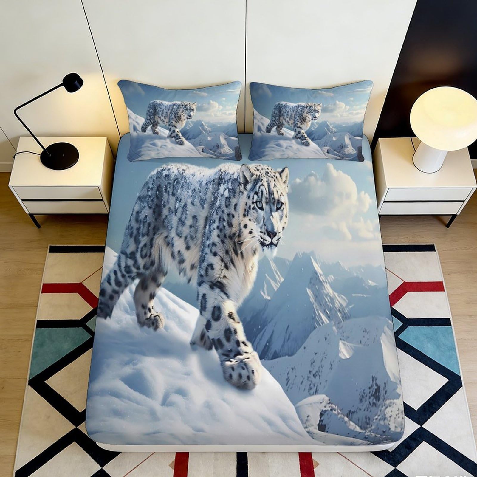 3D Printed Snow Leopard Fitted Sheet Microfiber Soft Durable Mountain Scene Bed Cover for Bedroom Dormitory Guest Room Mattress Protection 120x200x25cm