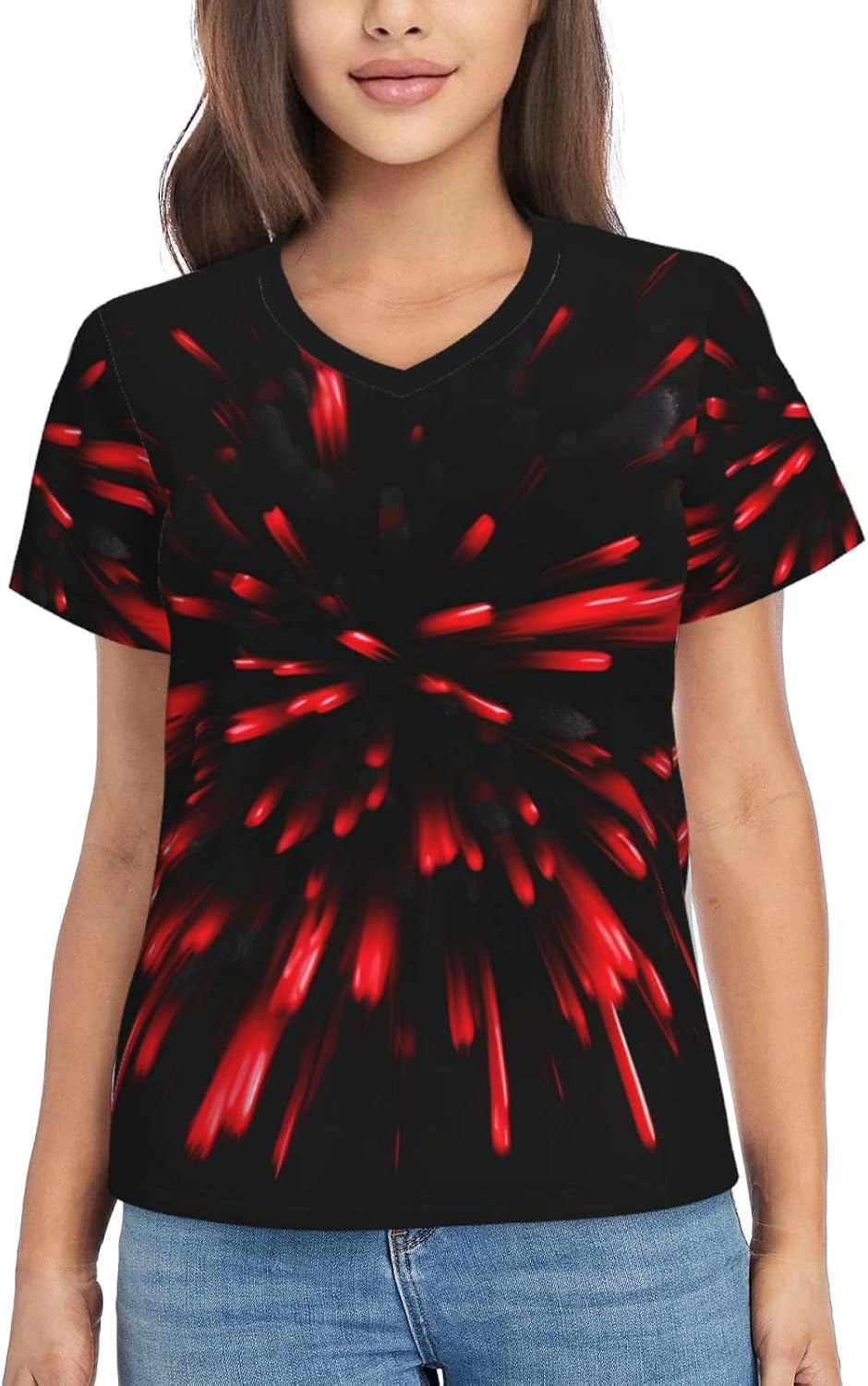 Womens Explosion Burst Red and Black Print Short Sleeve V Neck T-Shirts Casual Breathable Tee Basic Summer Tops 2026