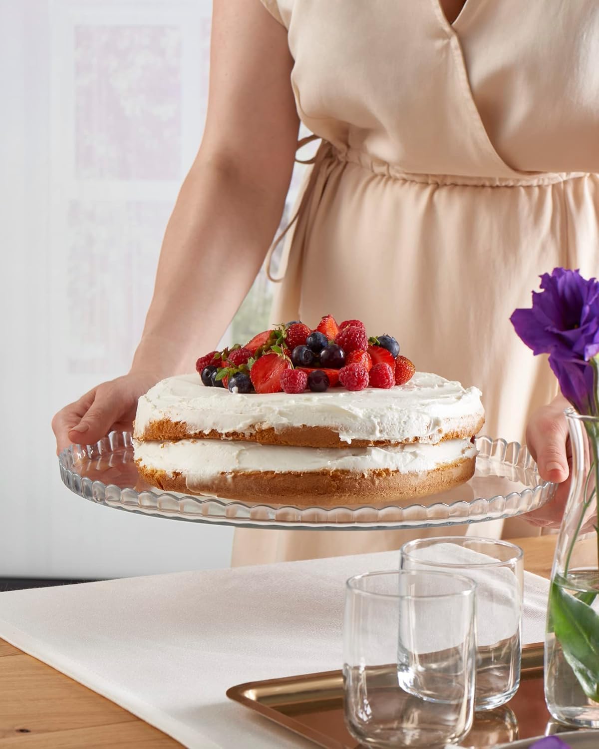 Glass Service Tray 12.75 inch, Large Cupcakes Dessert Appetizer Plate, Glass Servicing Tray, Uniqe Desing Round Cake Centerpiece