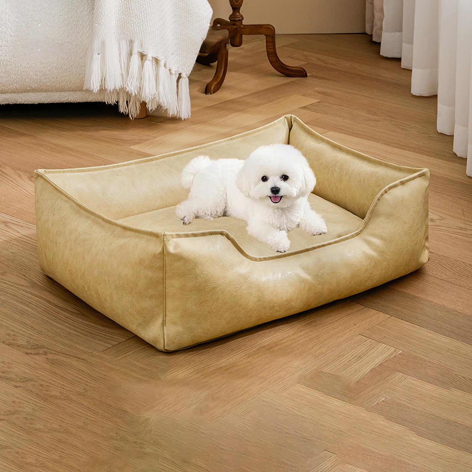 Canapé-lit pour animaux avec coussin amovible lavable en cuir beige S