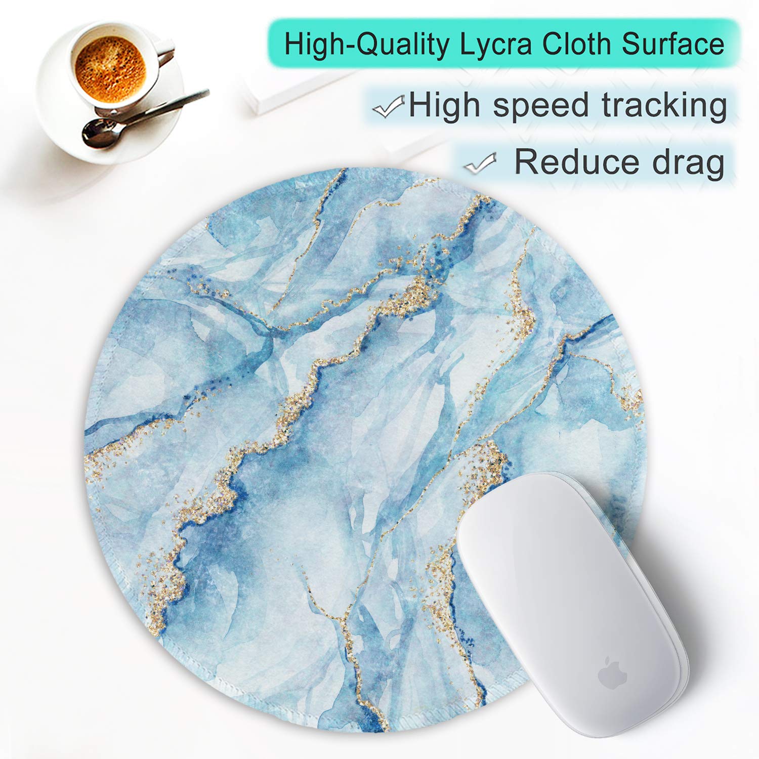 ITNRSIIET Tapis de Souris Rond, Tapis Souris pour Ordinateur PC Bureau Portable, Étanche Surface Lisse, Base Antidérapante en Caoutchouc, avec Bord Cousu, Marbrure Bleue - 5