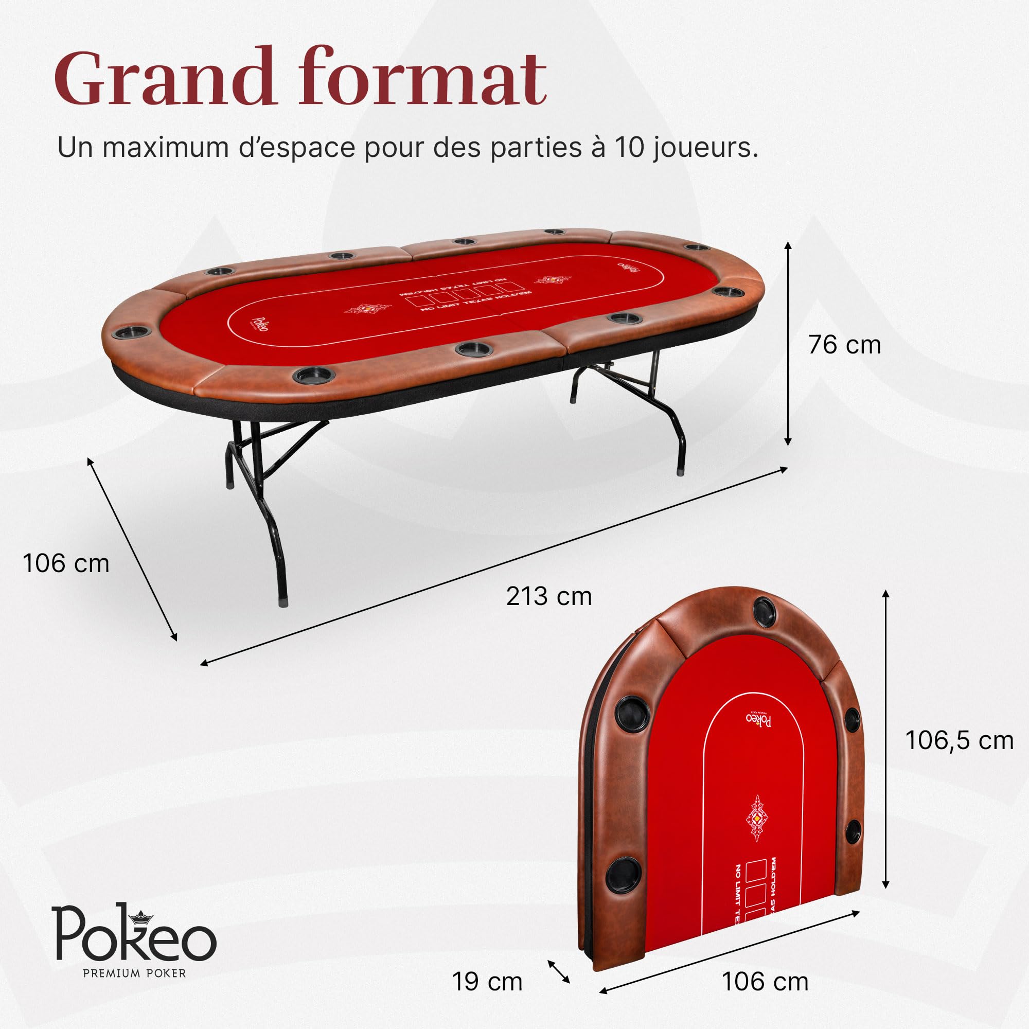 Mesa de Póker Plegable para 10 Jugadores Tapete Rojo Portavasos Texas Hold'em