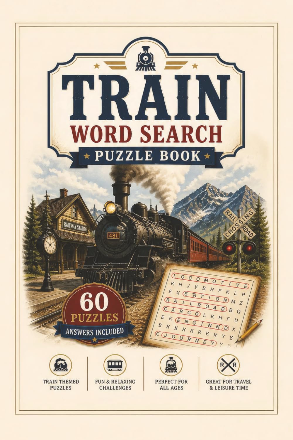 Train Word Search Puzzle Book for Adults: 60 Railway-Themed Puzzles Featuring Locomotives, Railroads, Travel & Classic Trains — Answers Included