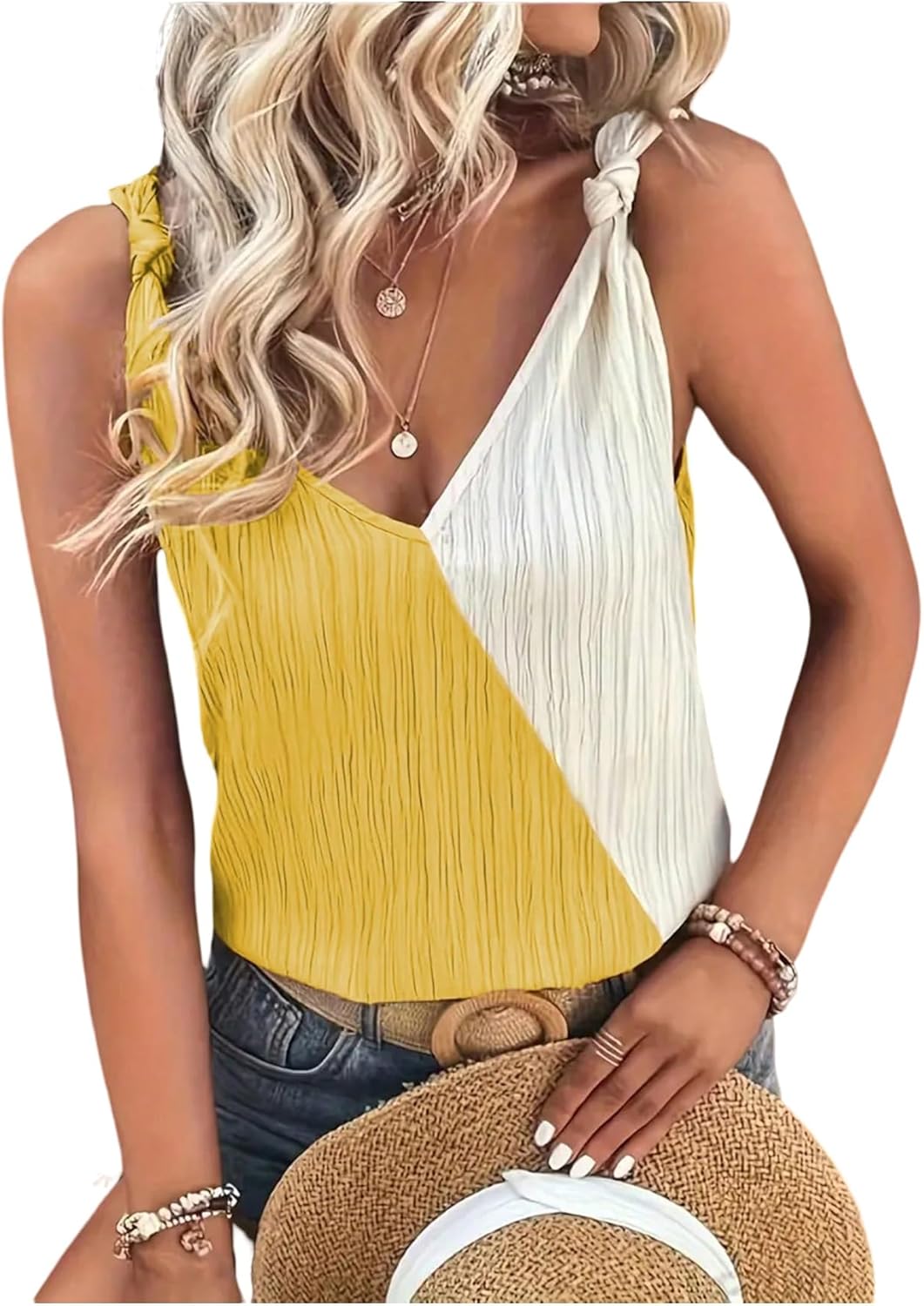 Women's Color Block Knot Front Tank Top Sleeveless V Neck Summer Shirts
