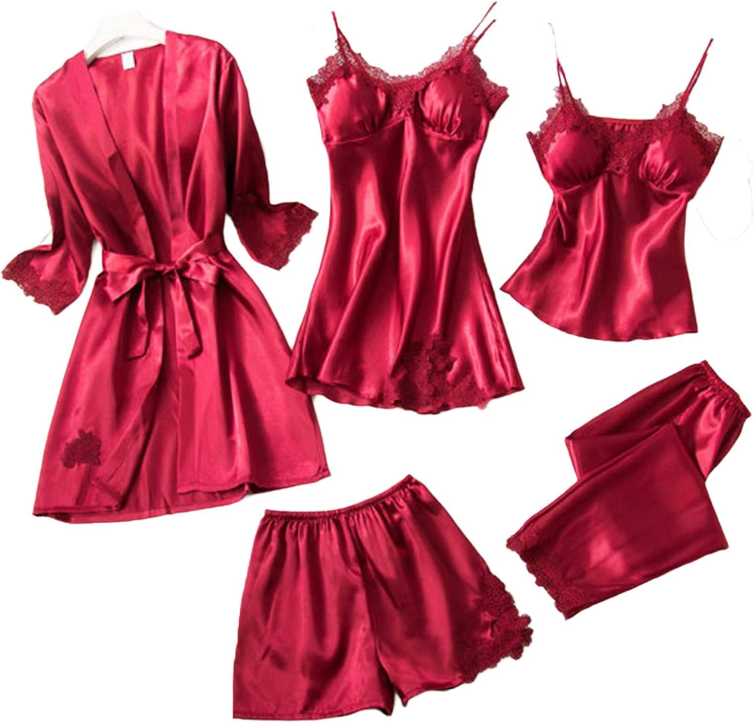 watersouprty Womens 5Pcs Pyjama Set Nightwear Silk Satin Pajamas Sleepwear Solid Nighties Robe Dressing Gown Nightdress Wine Red