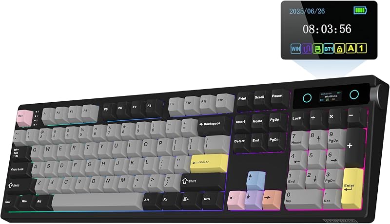 TH108 PRO Full Size Mechanical Keyboard with Screen & Knob | Wireless Gaming Keyboard with 10000mAh, Creamy Gasket, Hot Swap, Custom Driver, RGB Backlight (Black, Creamy Jade)