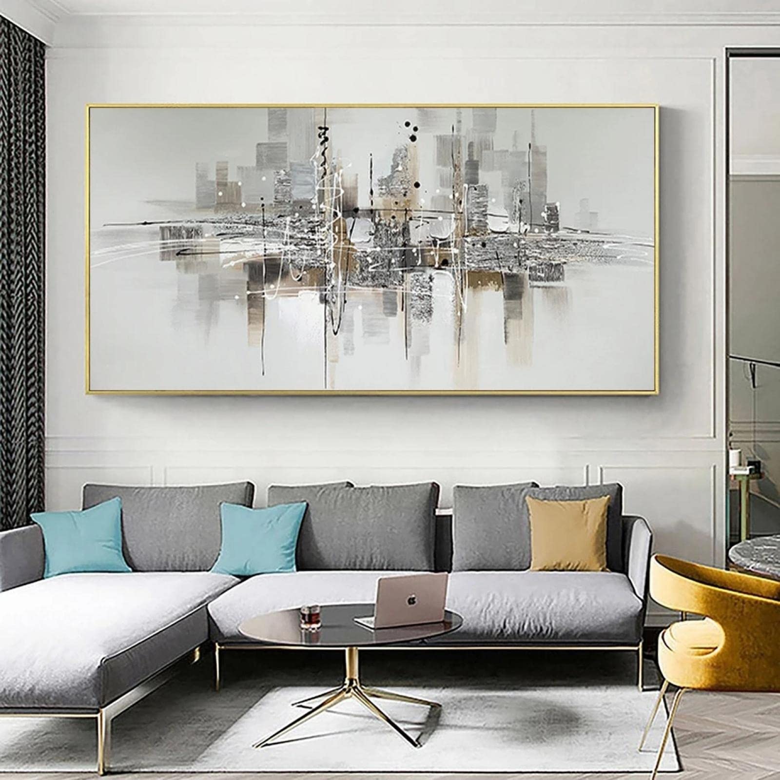 Quadro Astratto Moderno SDYA 76x152cm - Decorazione Parete Grigio E Oro - Foto 2
