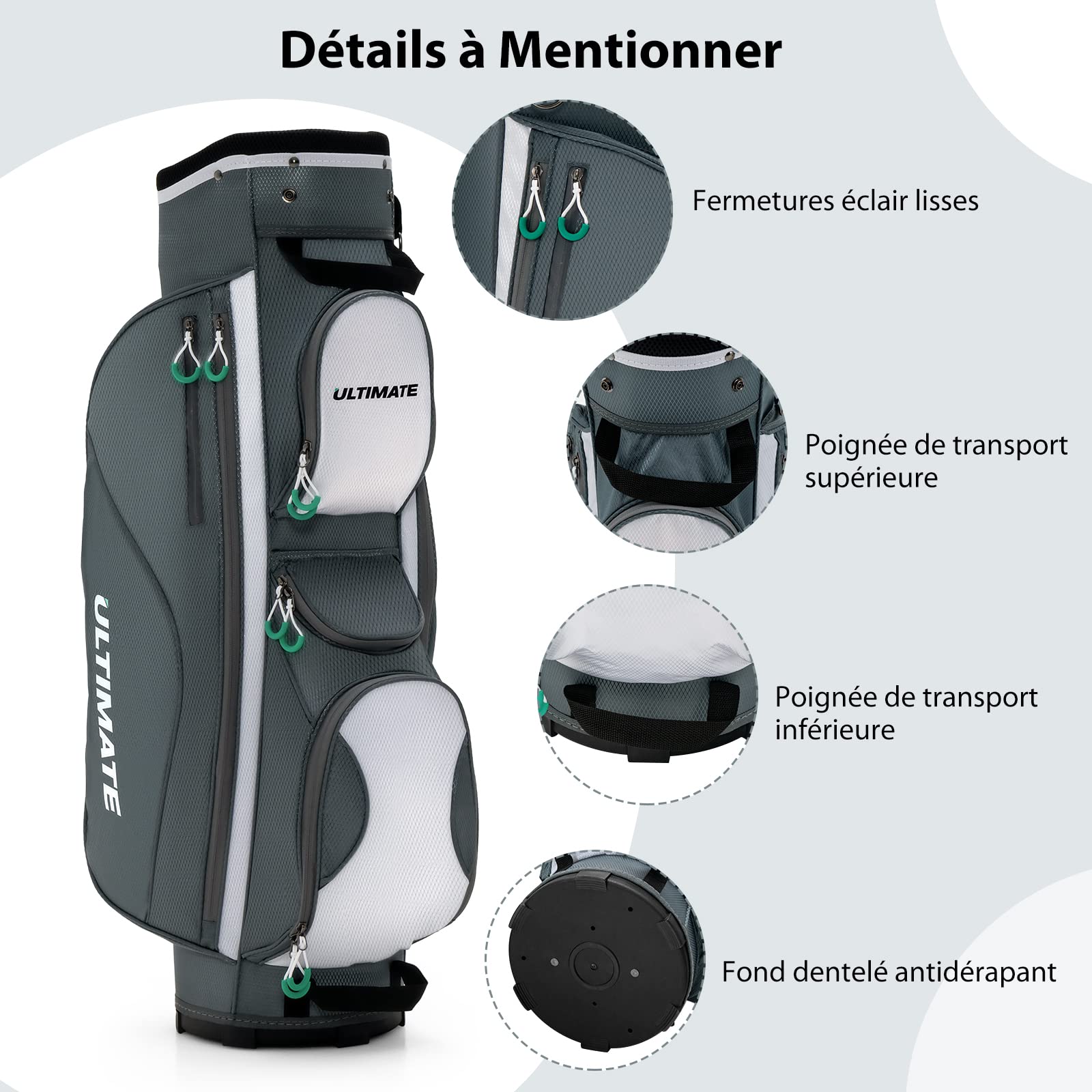 COSTWAY Sac de Golf Chariot Portable pour 14 Clubs avec 7 Poches Zippées et Capuche Anti-Pluie Bandoulière Poignée en PVC et Porte-Ombrelle