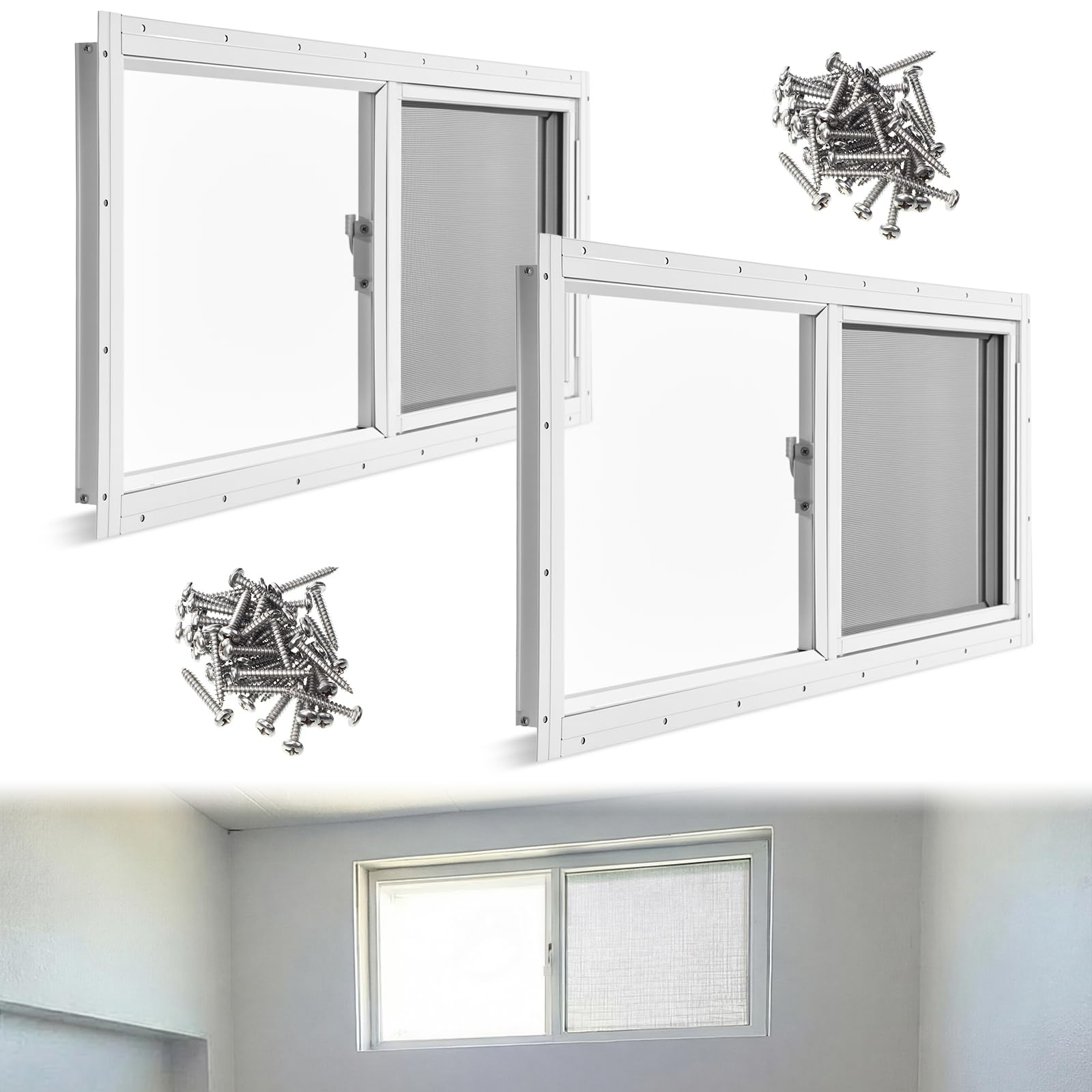 Photo 1 of *Scratches* Kathfly 2 Pack Basement Home Window 32" x 14" Mini Basement Windows Replacement with Glass Block Screen and Screws for Home Sheds Barns (White)