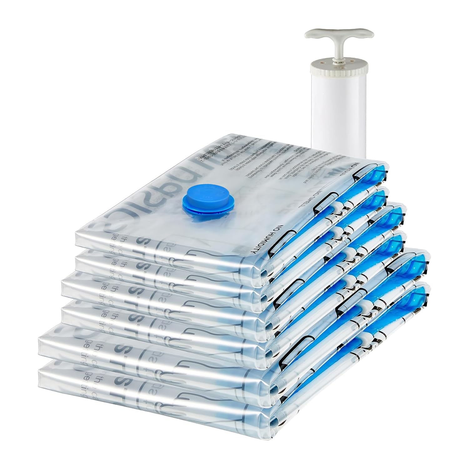 amazon basics Vacuum Compression Storage Bags with Hand Pump - 6-Pack (2 Jumbo, 2 Large, 2 Medium), Plastic, Transparent
