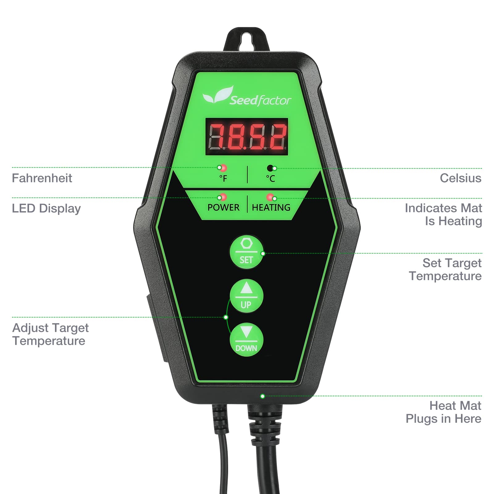 Seedfactor Digital Heat Mat Thermostat Controller for Seed Germination, Reptiles and Brewing Breeding Incubation Greenhouse, 40-108°F, 8.3A 1000W FCC-Certified, UL-Listed - image 3