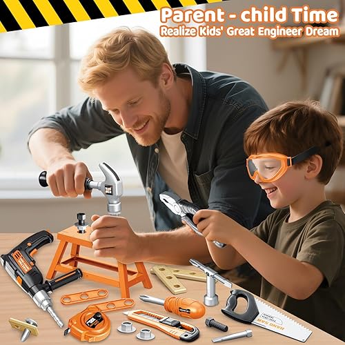 Miniatura 3 de OCHIDO Juego de herramientas para niños con caja de herramientas y taladro de juguete electrónico, 41 piezas de herramientas para niños pequeños,