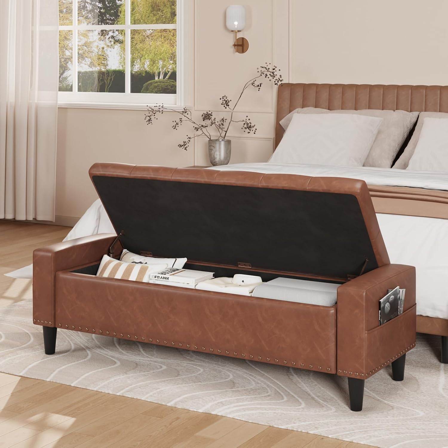 60" Storage Ottoman Bench, Faux Leather Bed Bench with Tufted Buttons and Nailhead Trim, Large Upholstered Ottoman with Storage for King Size End of Bed, Bedroom, Living Room, Entryway, Hallway, Brown