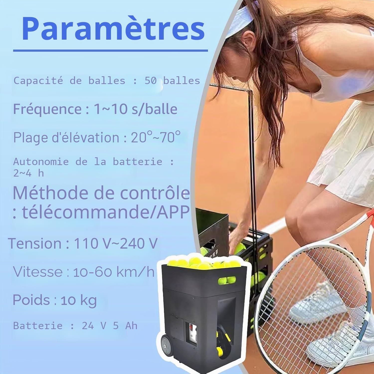 Lanceur de balles de Tennis Portable, Automatique et Intelligent, avec télécommande et Application, Angle réglable, capacité de 50 balles, pour débutants