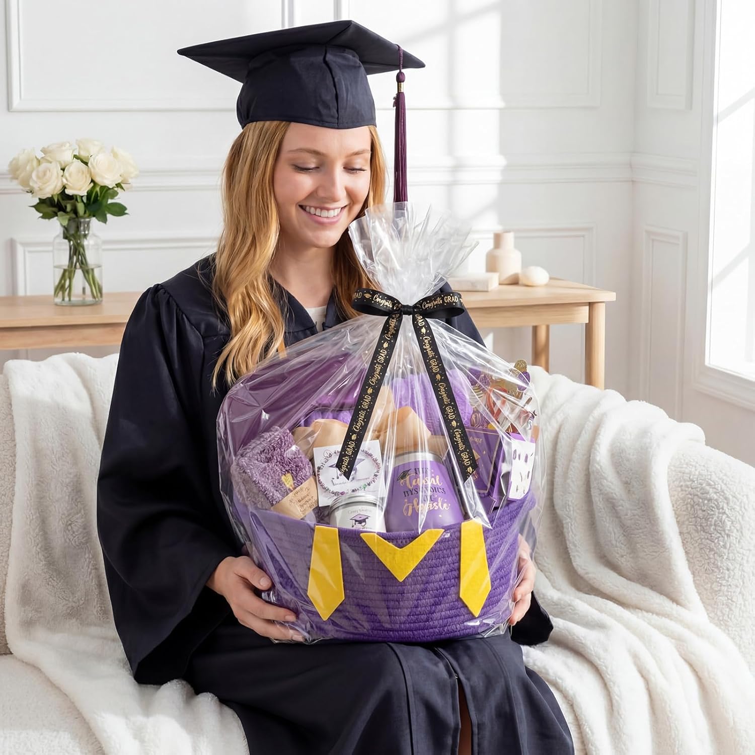 Patelai Purple Graduation Gift Basket Set for Her 2026, with Tumbler Blanket Candle Socks Bracelet Eye Mask Card, High School College Masters Degree Graduation Gifts for Friend Daughter Niece