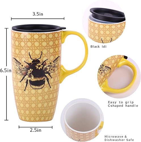 Miniatura 3 de DUSVALLY Taza de cerámica grande Taza de café alta Tazas de viaje de porcelana Taza de café con tapa de 17 onzas, Abeja