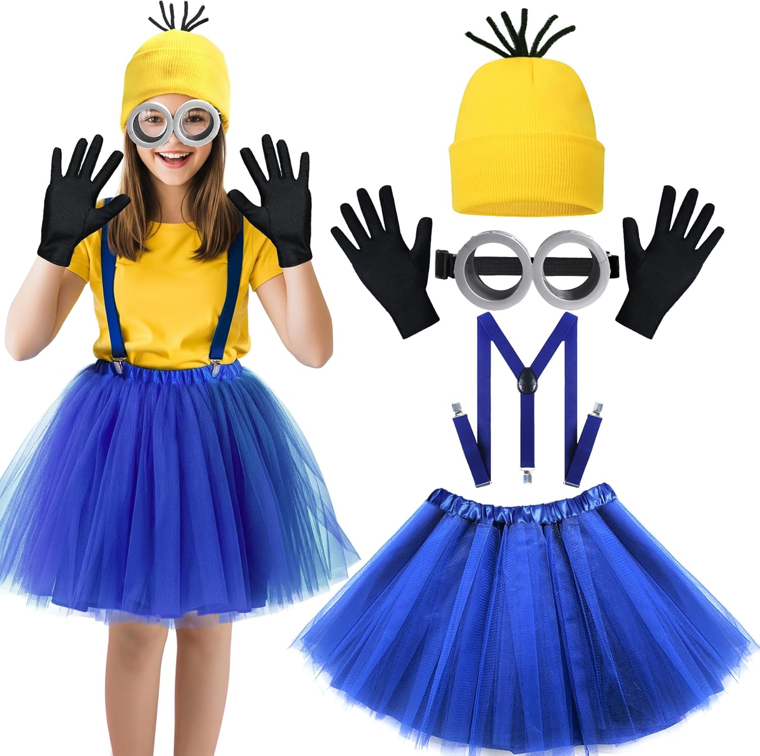 5 PCS Adult Kids girls Halloween Costume,Goggles/Beanie/Tutu/Suspenders/Gloves Halloween Accessories Cosplay Party Set Yellow
