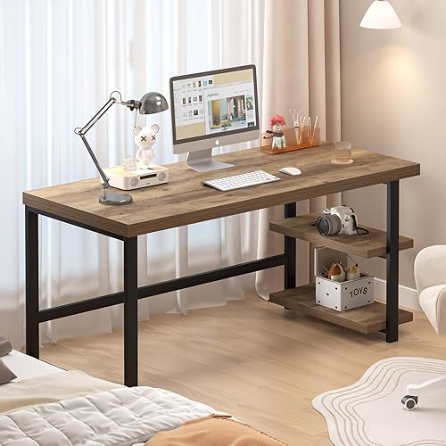 Miniatura 14 de FOLUBAN Escritorio de oficina en casa, escritorio moderno para computadora con estante de almacenamiento, mesa de estudio de madera para juegos para