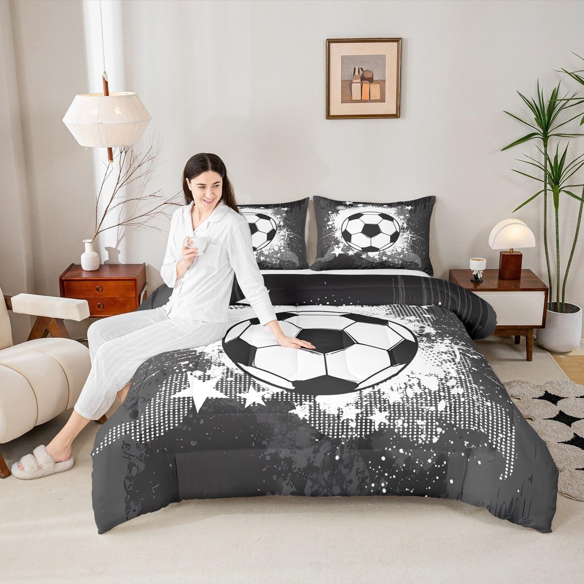 Feelyou Football Kids Comforter Set Queen Size Soccer Bedding Set Sports Games Duvet Quilt for Kids Boys Girls Bedroom Black White Decor Microfiber Ultra Soft Breathable
