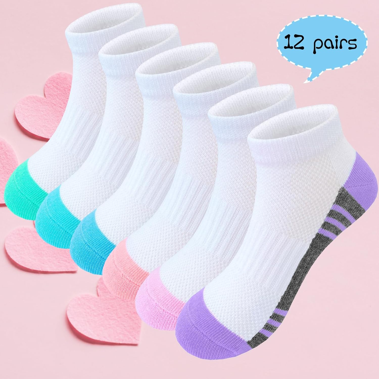 Bemeol Girls Socks 12 Pairs Kids Ankle Athletic Sock Cotton Sports Low Cut Socks - Image 3