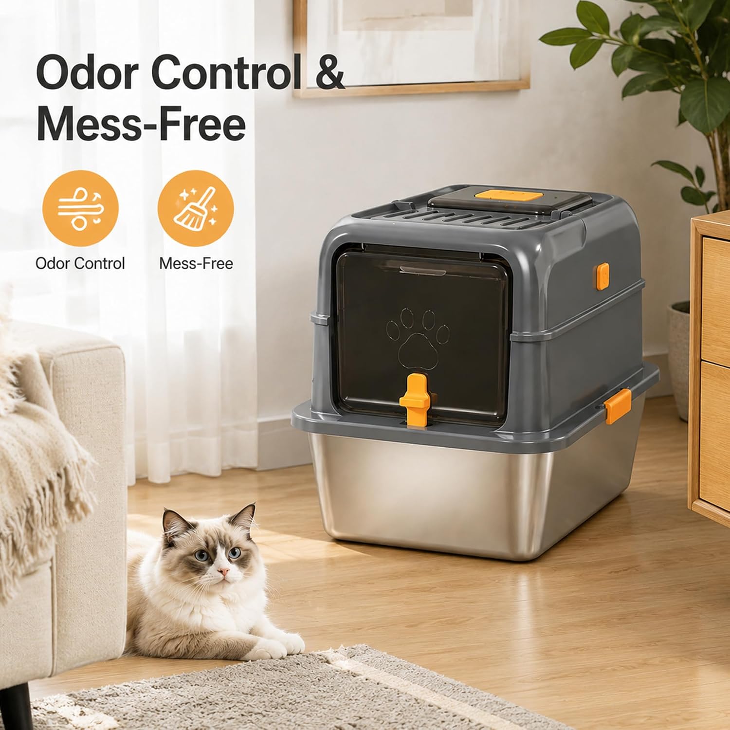 Stainless Steel Cat Litter Box with Lid, 3-in-1 Enclosed, Odor Control image 5