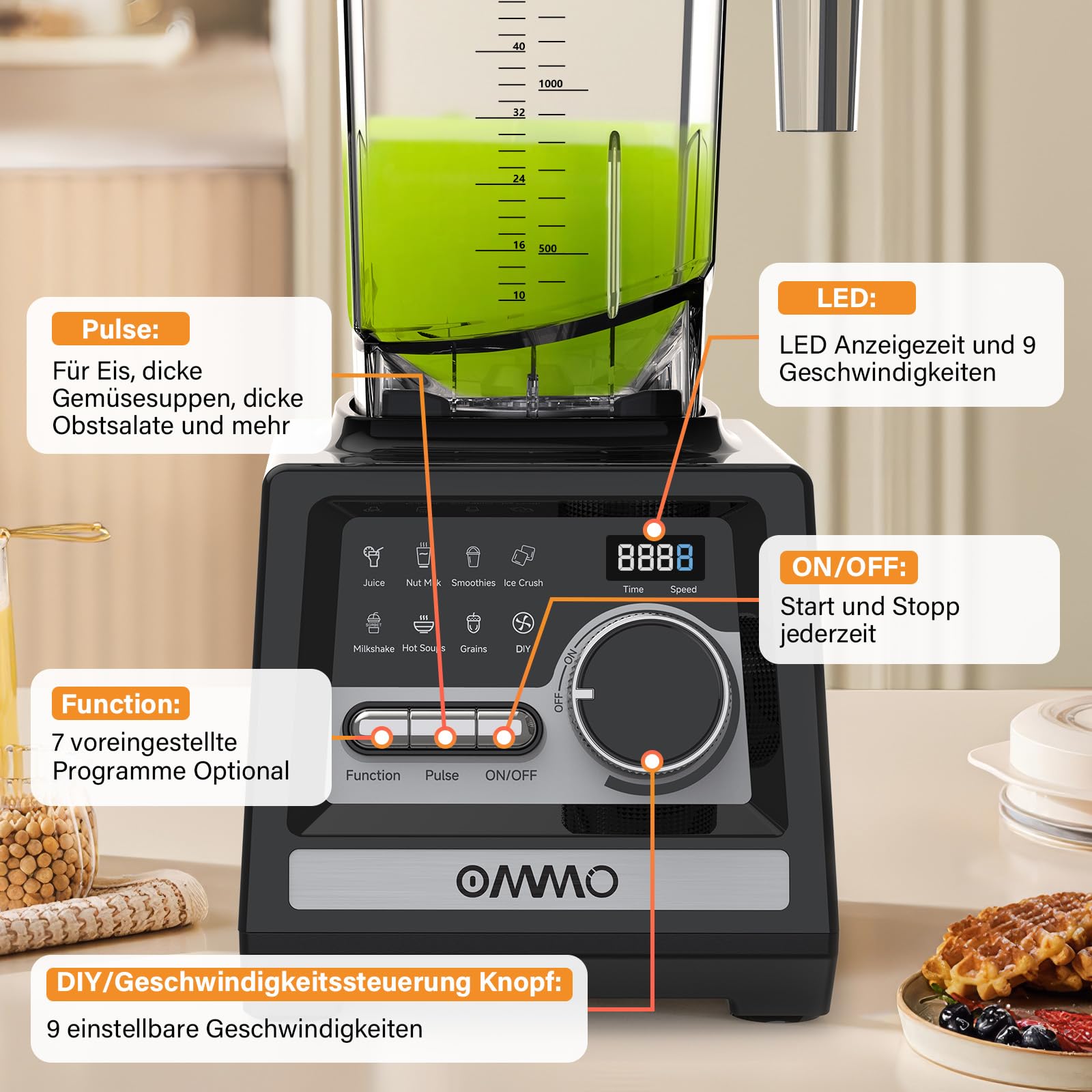 OMMO 2L Standmixer Hochleistungsmixer, Mixer Smoothie Maker mit 9 Geschwindigkeitssteuerungen für Eisbrechen, Milkshakes, Gefriergetränke und Obst, Max 1800W, BPA Frei