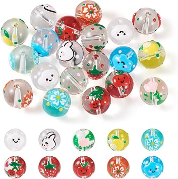Craftdady 20Pcs 13-15mm Flower Fruit Glass Round Beads 10 Colors Rabbit Cloud Cute Enamel Beads for Crafts DIY Earring Necklace Jewelry Making Supplies