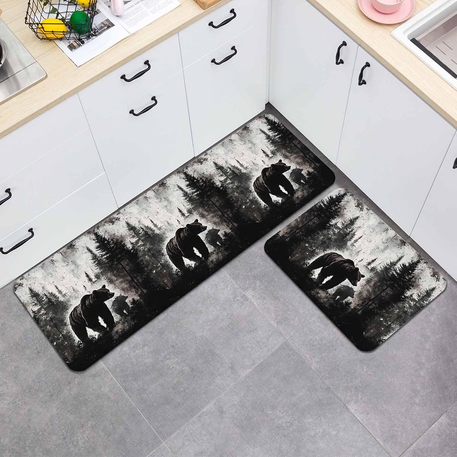 Prime Leader Brown Bear Kitchen Mat Set 2 Pieces Black Bear Forest Animal Modern Art Vintage Non Slip Kitchen Rugs Washable Runner Rug Mats for Sink Laundry (19.7" x 31.5"+19.7" x 63")