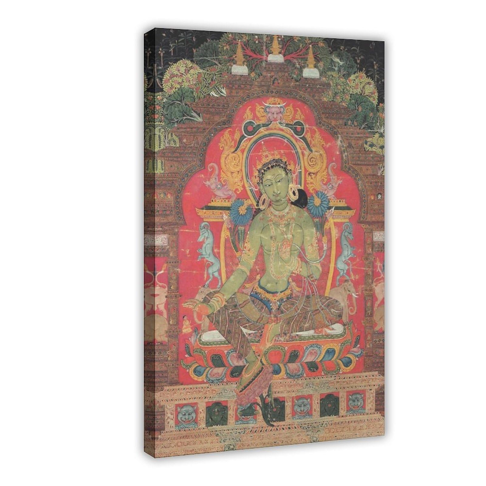 WCYB Thangka of Green Tara Posters Prints Canvas Deco Paintings Wall Art Hangable Frame 16" L X 24" W
