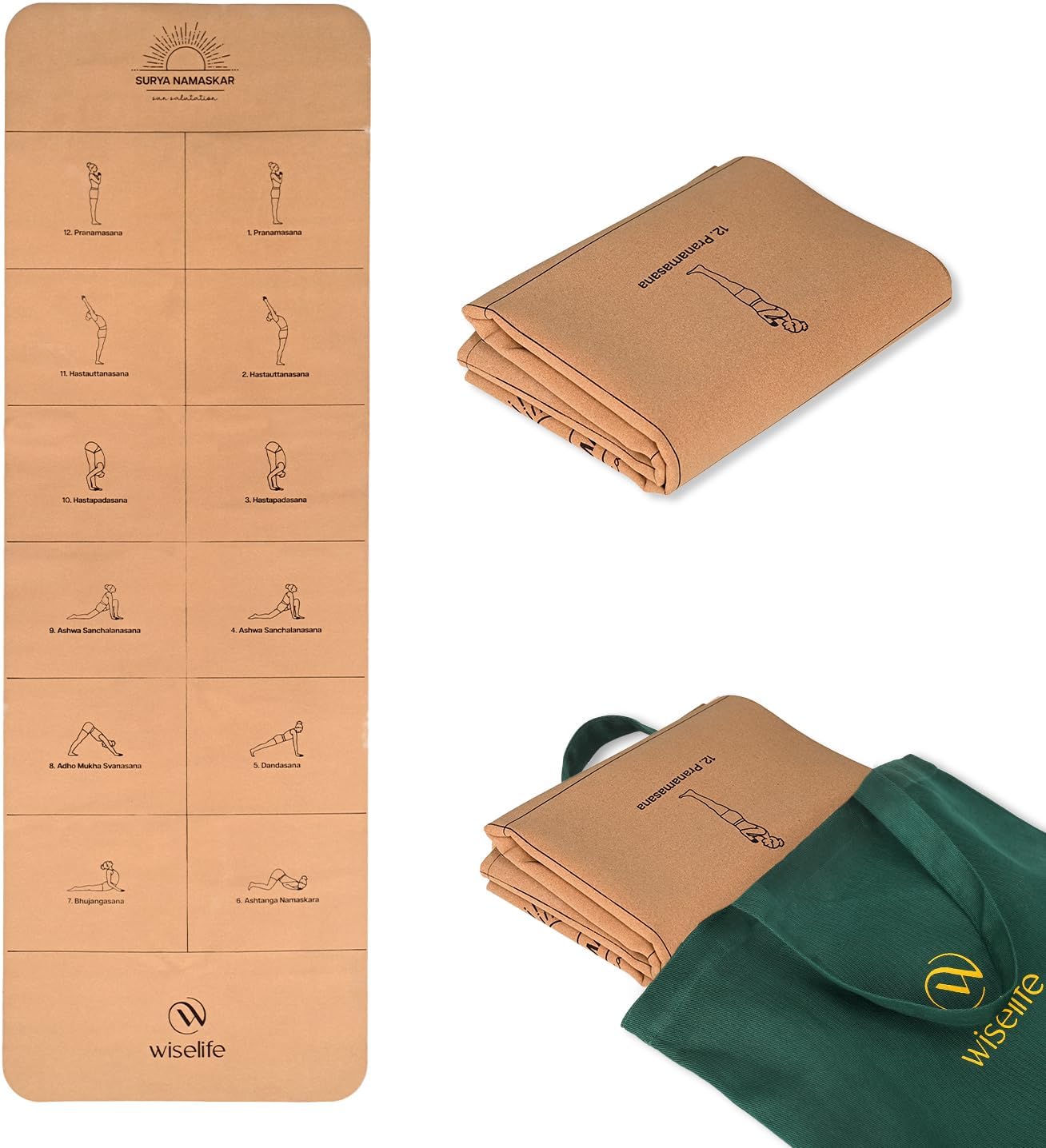 Wiselife Cork Foldable Yoga Mat + Carry Bag | Extra Thick Extra Long Extra Wide Exercise Floor Mat For Gym, Workout, Fitness| TPE Yoga Mat (2mm, Cork Sun Salutation)