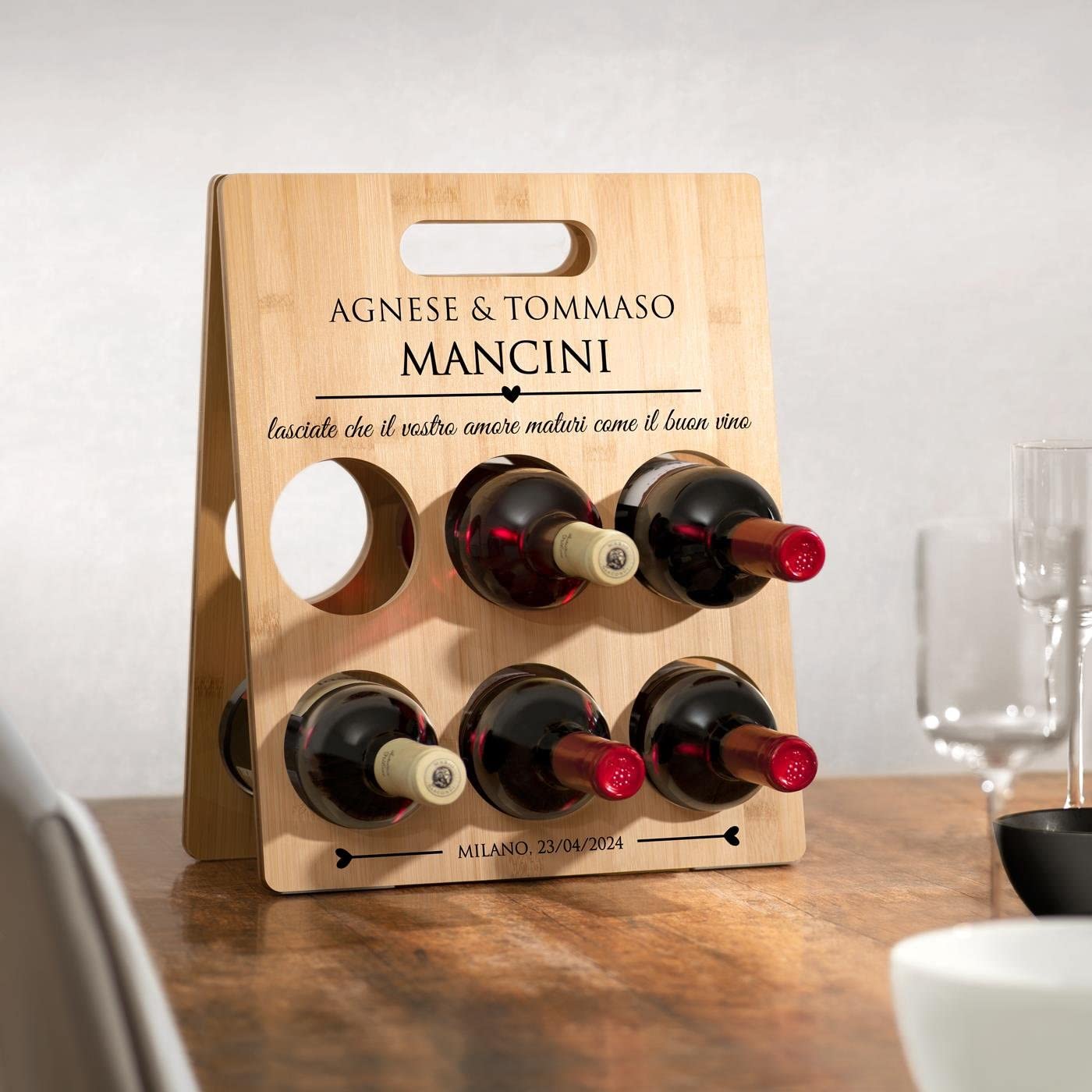 Maverton Mensola portabottiglie da vino - Spazio per 6 bottiglie - Stampa personalizzata - In legno - Cantinetta per vino - Per anniversario di matrimonio - Per coppia - insieme