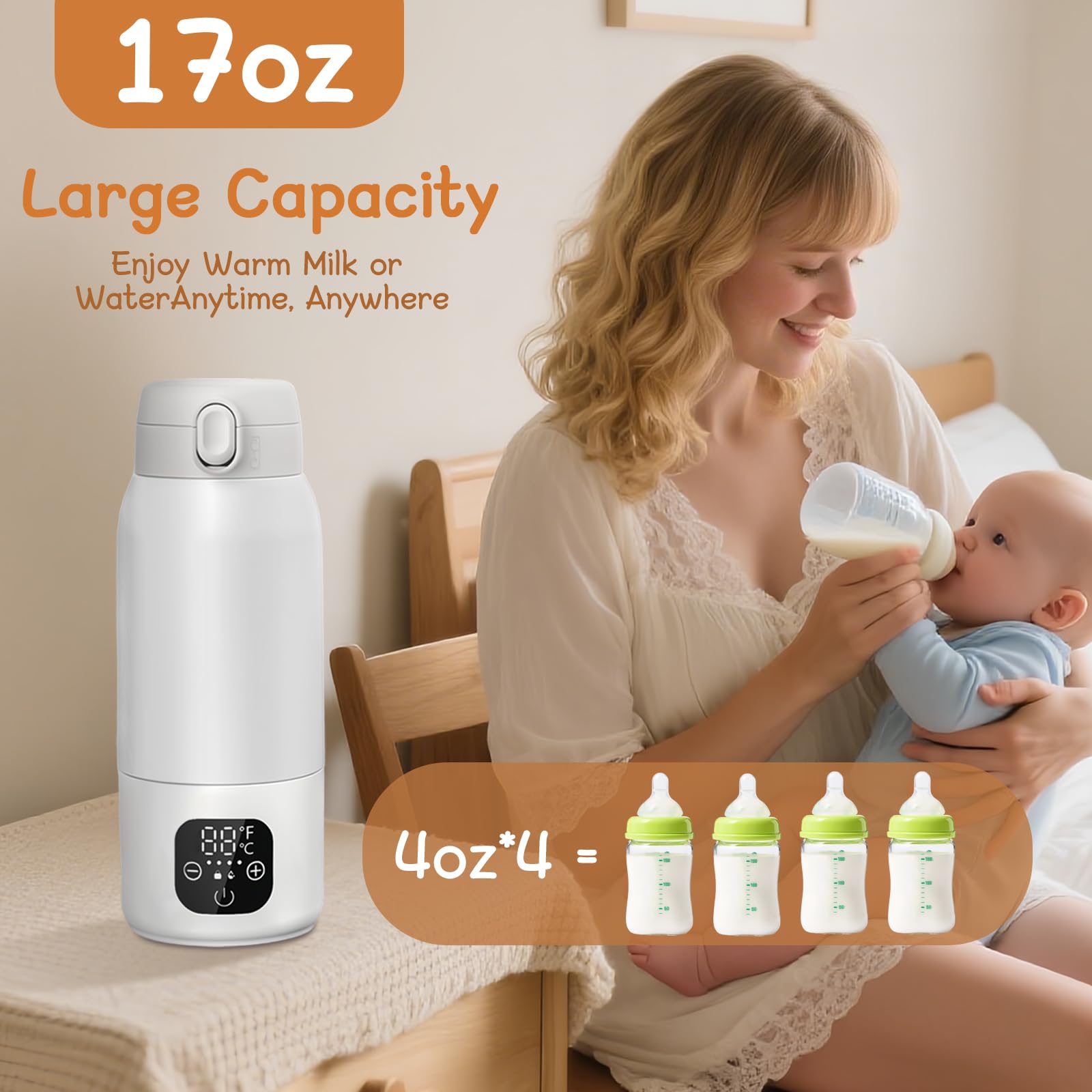 Baby Flaschenwärmer, Fast Baby Milk Bottle Warmer, Temperaturkontrolle 35~70 °C mit Digitalanzeige, Schnelles Aufheizen und Lange Akkulaufzeit 11000mAh, 500ml Kapazität für Reisen & Nachtfütterung