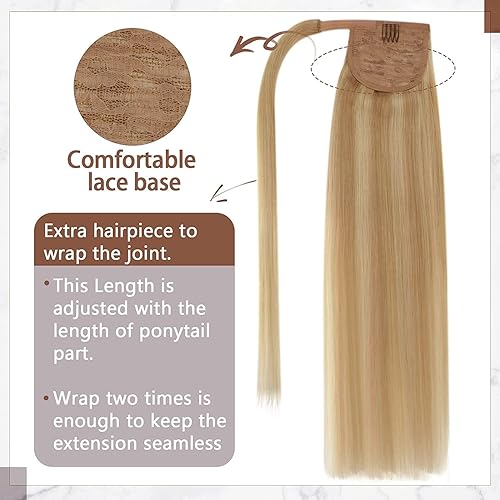 Miniatura 6 de RUNATURE Extensión de cola de caballo de cabello real, extensiones de cabello rubio con clip, 14 pulgadas, 2.82 oz, extremos completos, rubio dorado