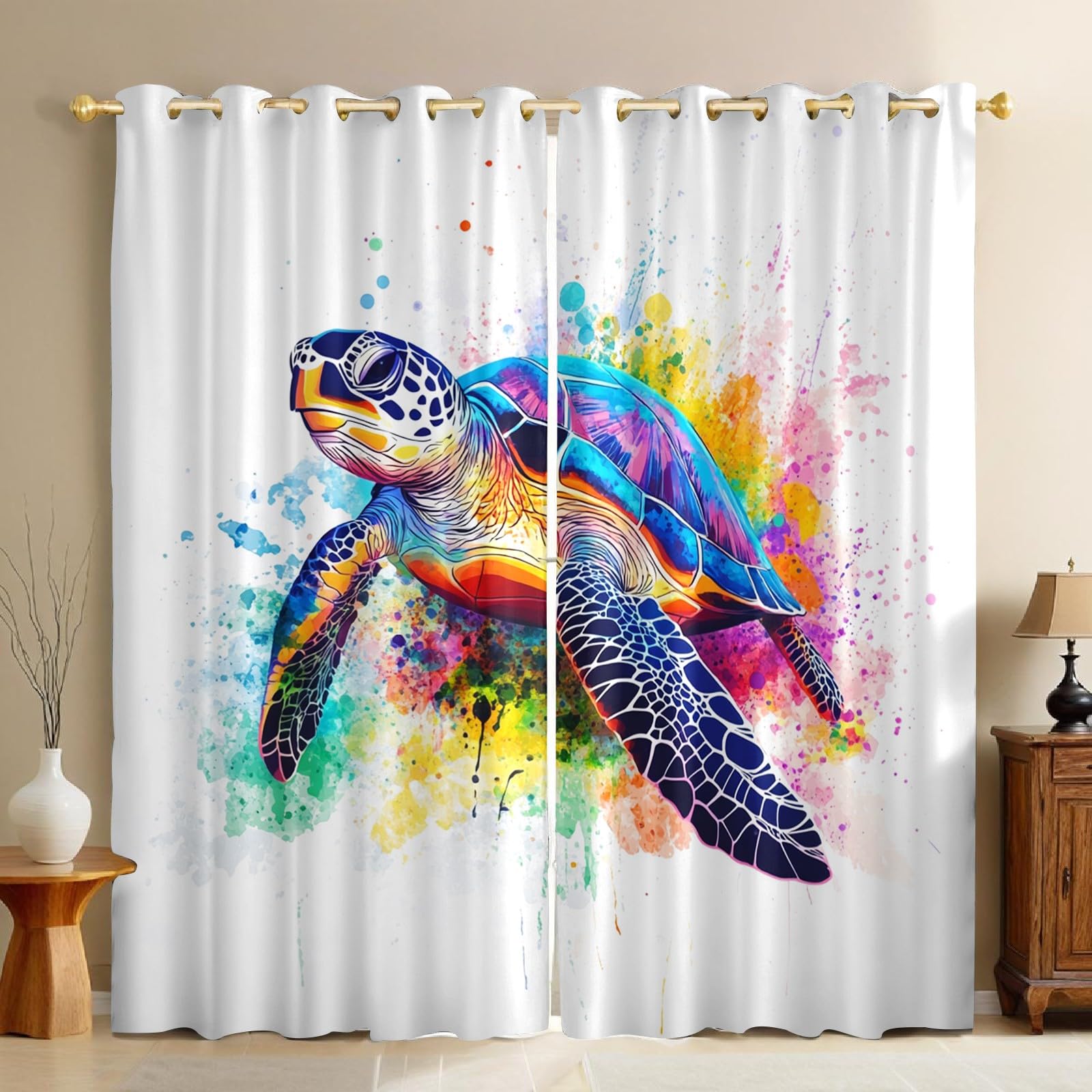 Rideaux occultants tortue aquarelle polyester opaque imprimé bleu isolant phonique