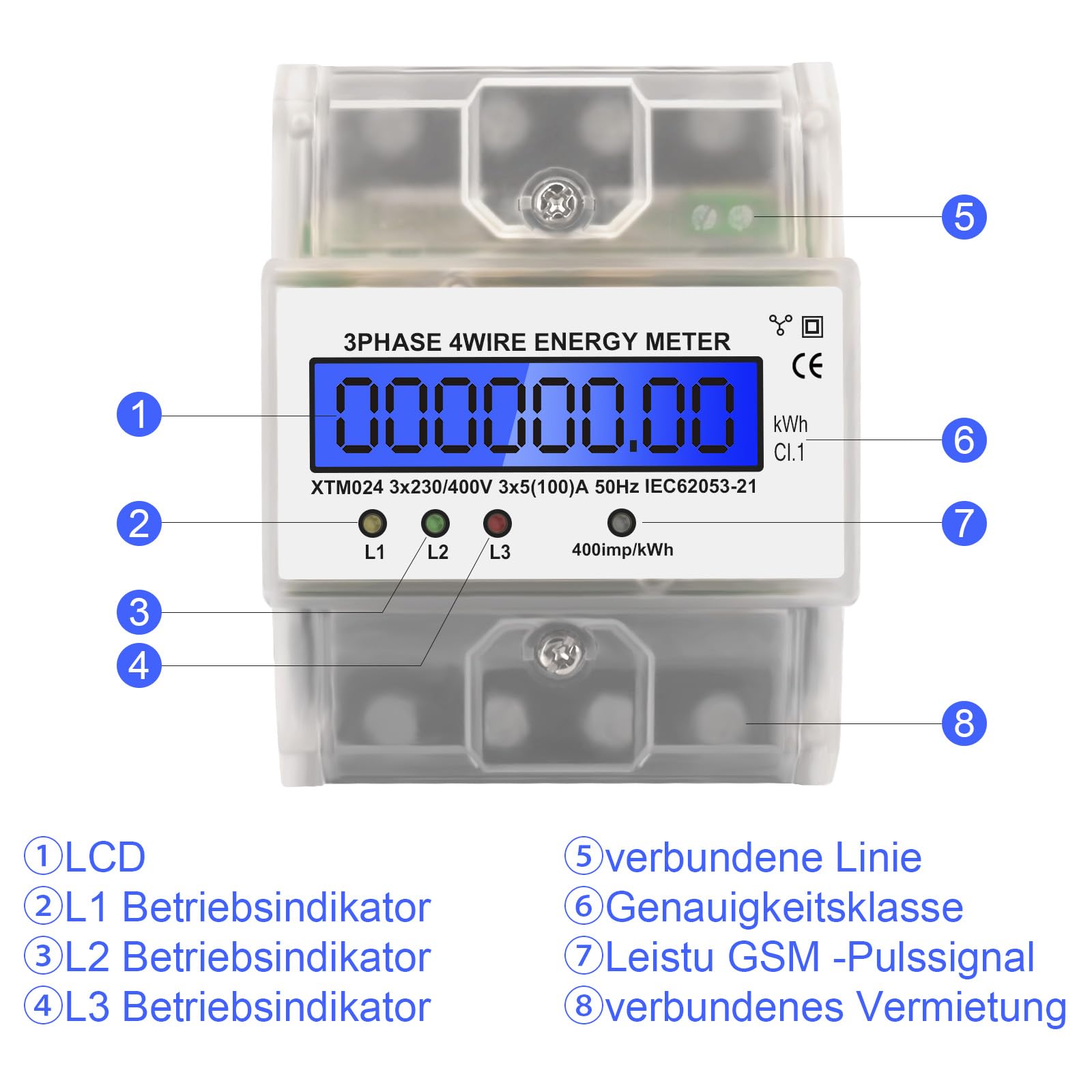 Contador de corriente digital LCD de 3 fases, 4 hilos, 230/400 V, trifásico