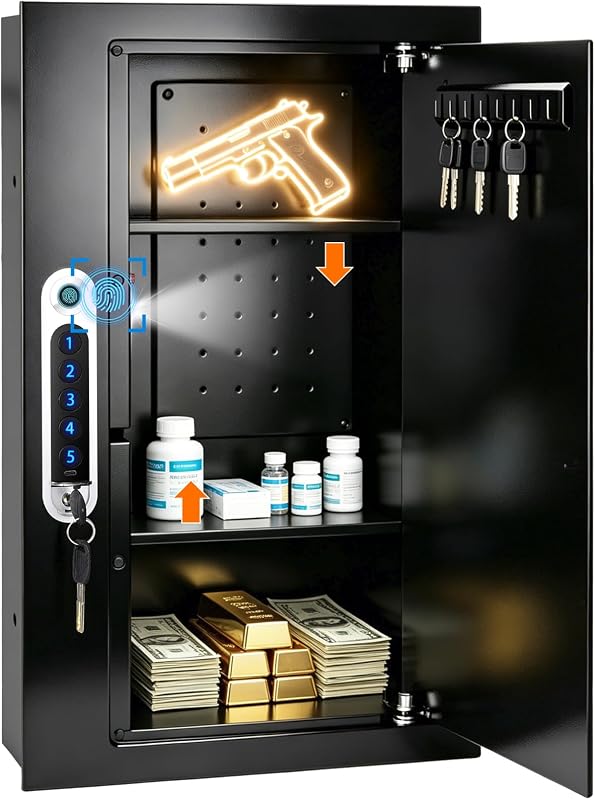 23.6" Tall Biometric Wall Safe Between 16" Studs | Fingerprint In Wall Safe | Auto-Open Door | Removable Shelf & Silent Mode | Backup Power & Key | Secure Hidden Wall Safe Box for Cash Jewelry Document