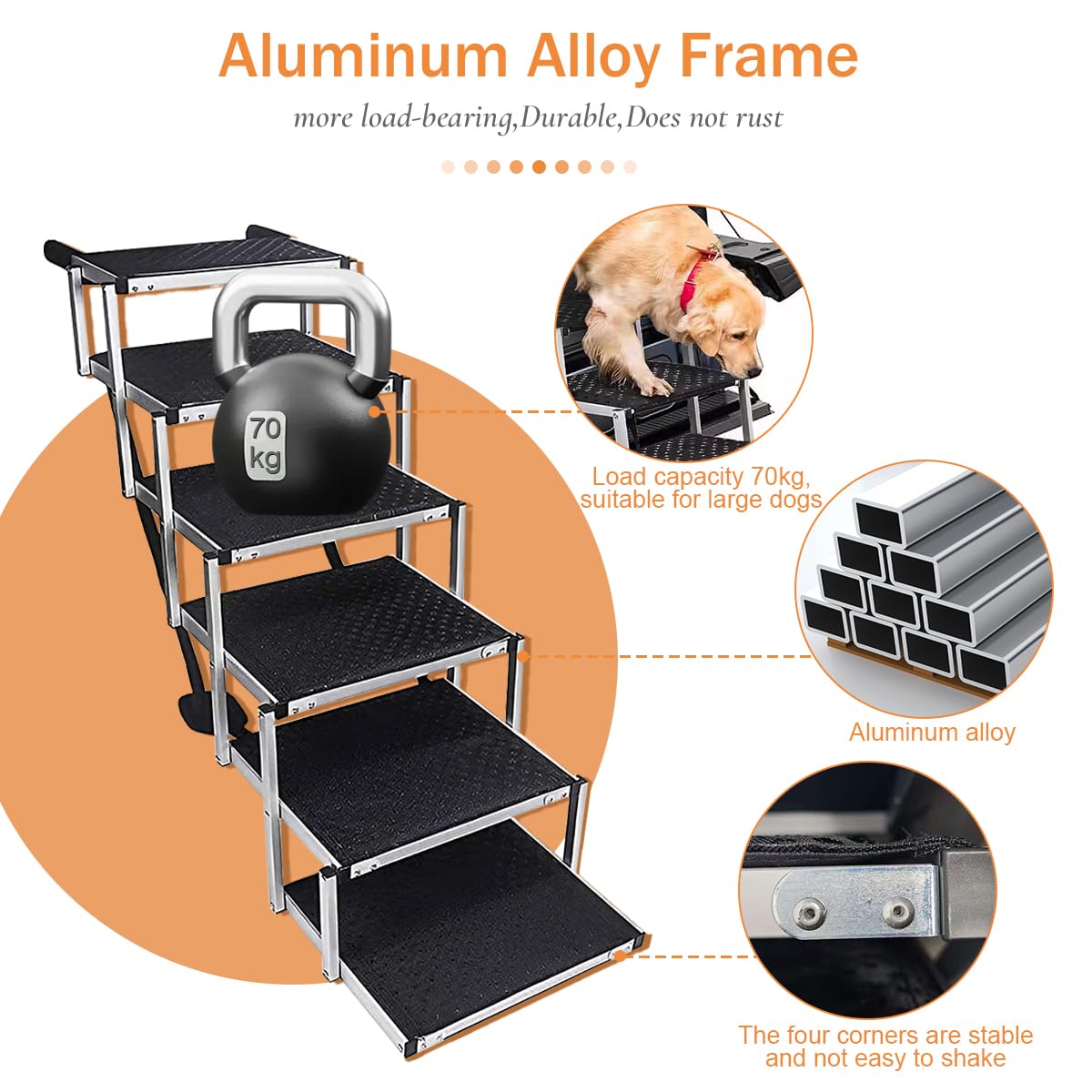 Escalier pour chien, voiture, 6 marches, pliable, jusqu'à 85 kg, pour grands chiens et animaux âgés, échelle pour chien en aluminium, 80 cm de haut, pour camions et SUV