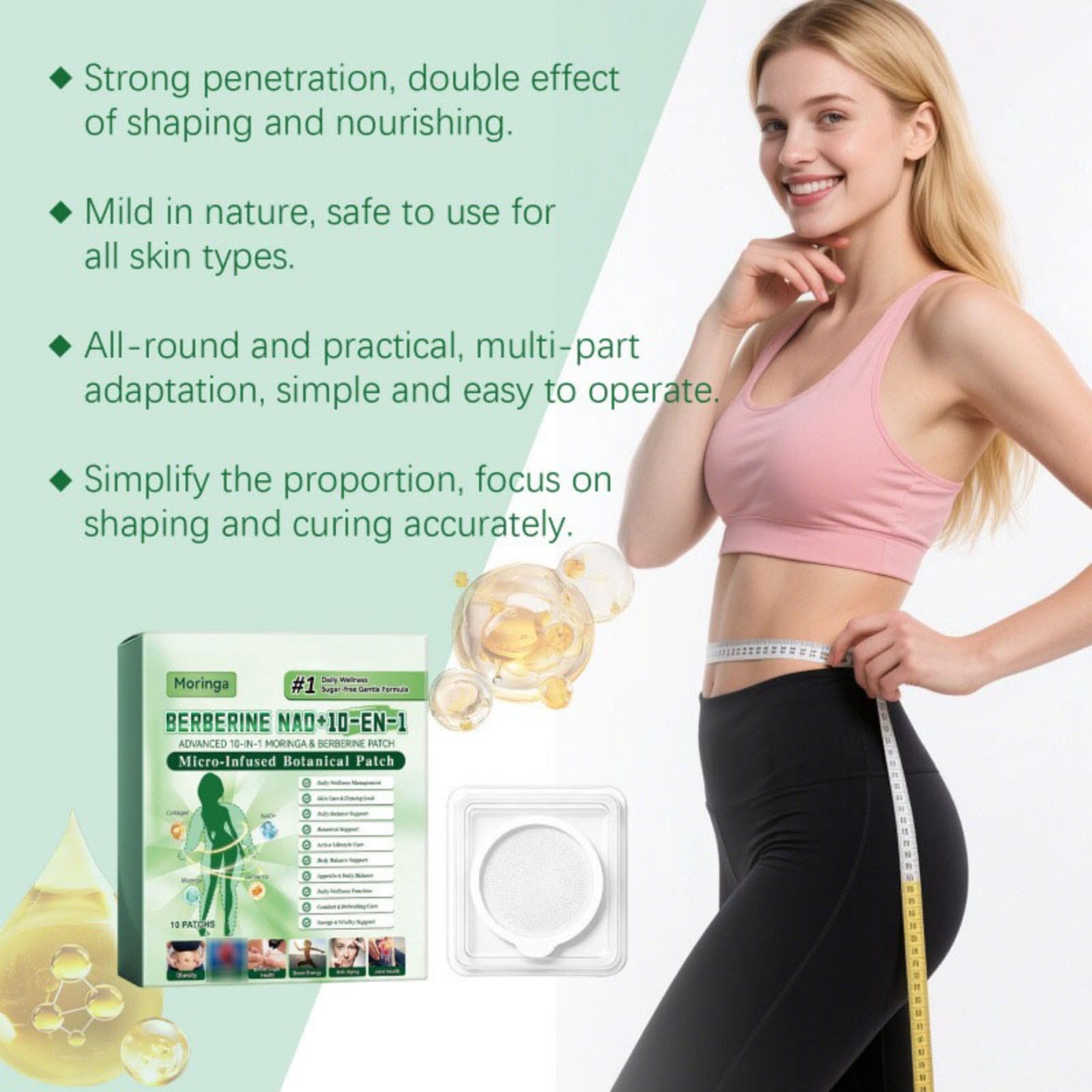 Moringa Schlankheits-Pflaster 10 in 1, Nano-Mikronadel-Schlankheitspflaster, Schlankheitspflaster, Natürliche Inhaltsstoffe, Ultrafeines und Unsichtbares Körperpflaster, Täglicher Gebrauch für
