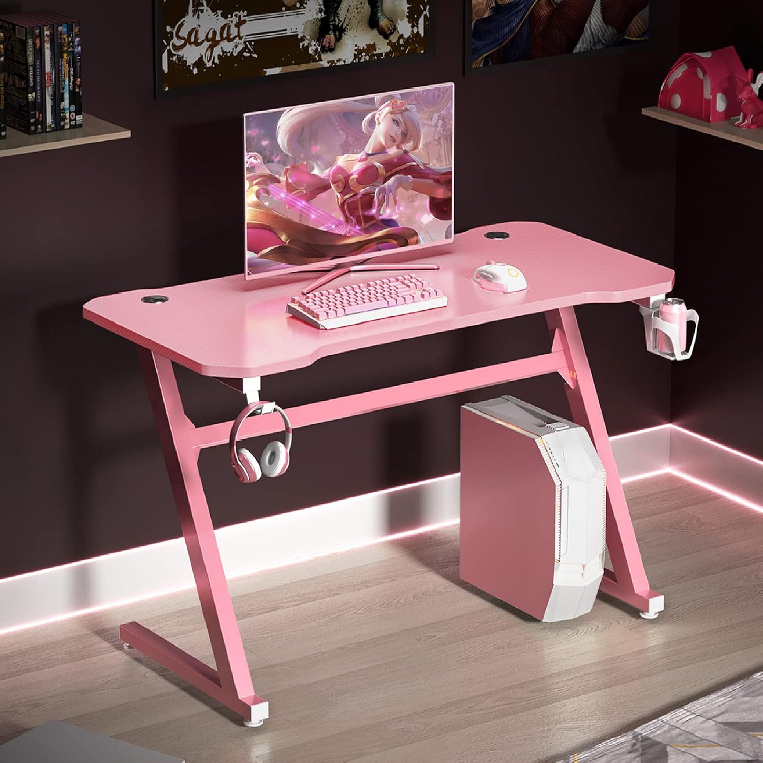 CASART ZShaped Computer Table, Ergonomic Gaming Desk with Headphone