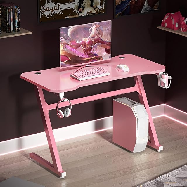 CASART Z-Shaped Computer Table, Ergonomic Gaming Desk with Headphone Hook & Cup Holder, 120cm Racing Table Desk for Home Office (Pink)