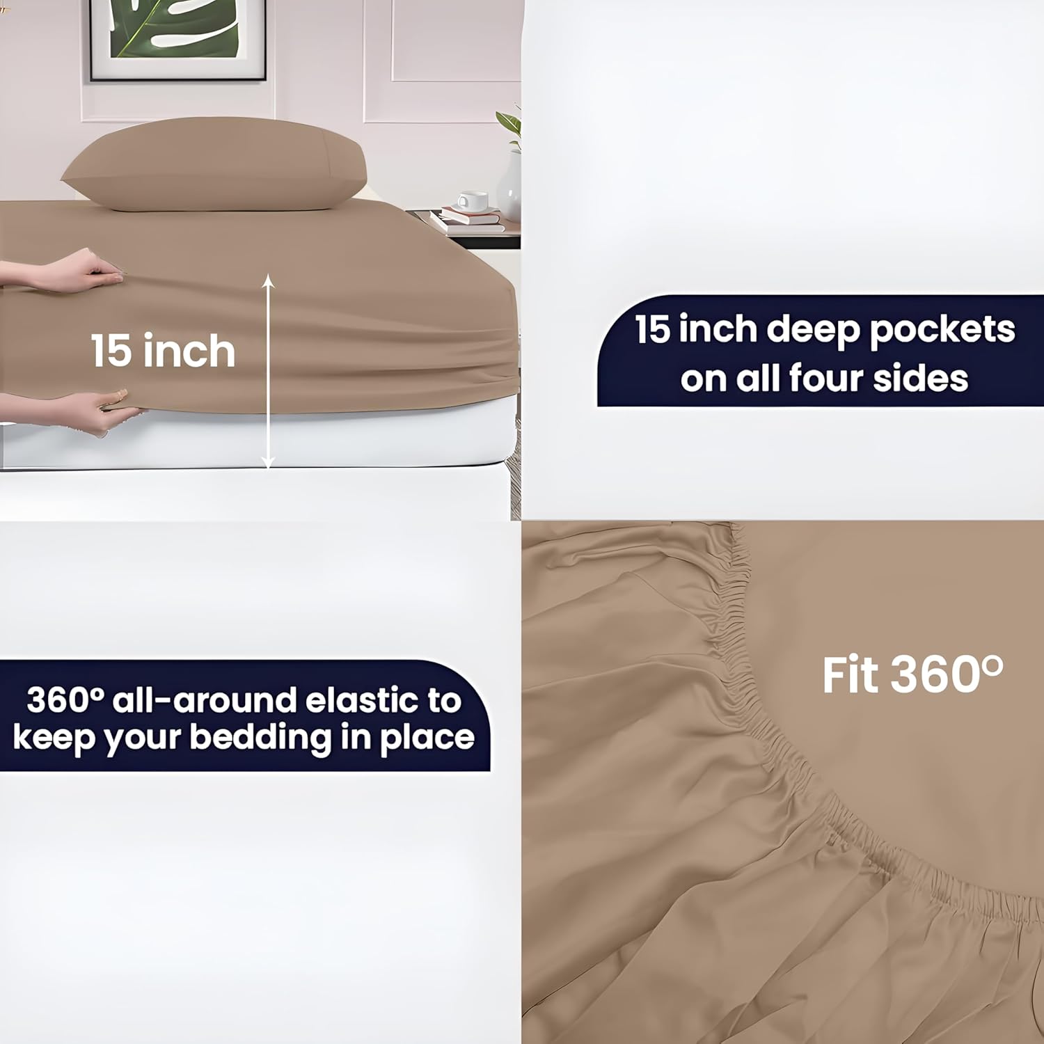 SGI 1000 Thread Count Egyptian Cotton Queen Sheet Set – Ultra Soft, Deep Pocket 15” Fitted, Breathable & Hotel-Quality,Luxury 4-Piece Premium Bedding Set for Crisp, Durable Comfort – Taupe - Image 5