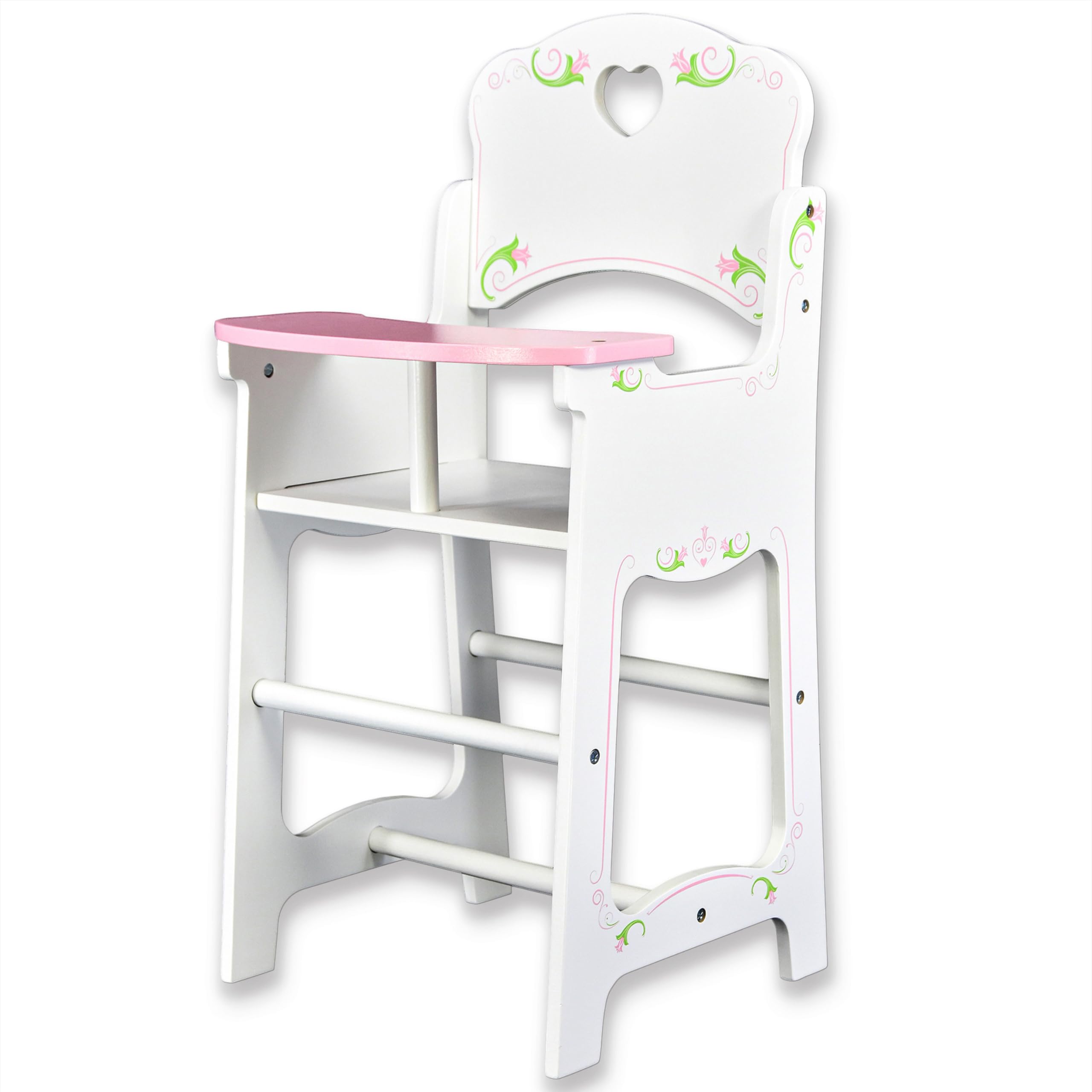 BiBi Doll Wooden Baby Doll Highchair - Sturdy Furniture Accessory for Nursery Reborn Role Play - White & Pink Heart Design for Girls & Boys Aged 3+