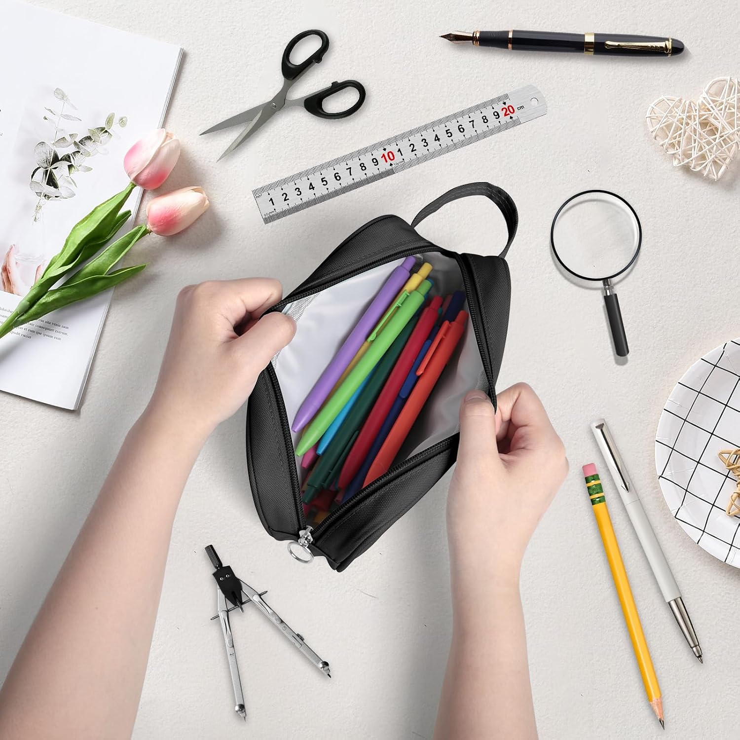 Aen Art Pencil Case, Large Capacity Pencil Pouch, Zipper Pencil Box with Easy Grip Handle & Loop for School Teen Girl Boy Men Women (Black)