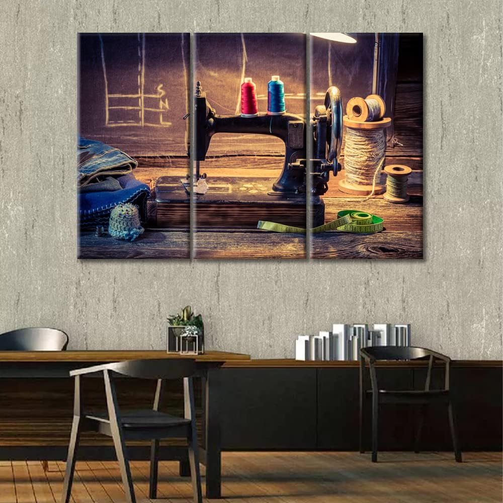 3 Panel Vintage Hand Sewing Machine Wall Decor Art Prints Vintage Tailor Workshop with Sewing Machine Cloth and Scissors Pictures Rustic Home Decor Print on Canvas Ready to Hang (60"Wx40"H)