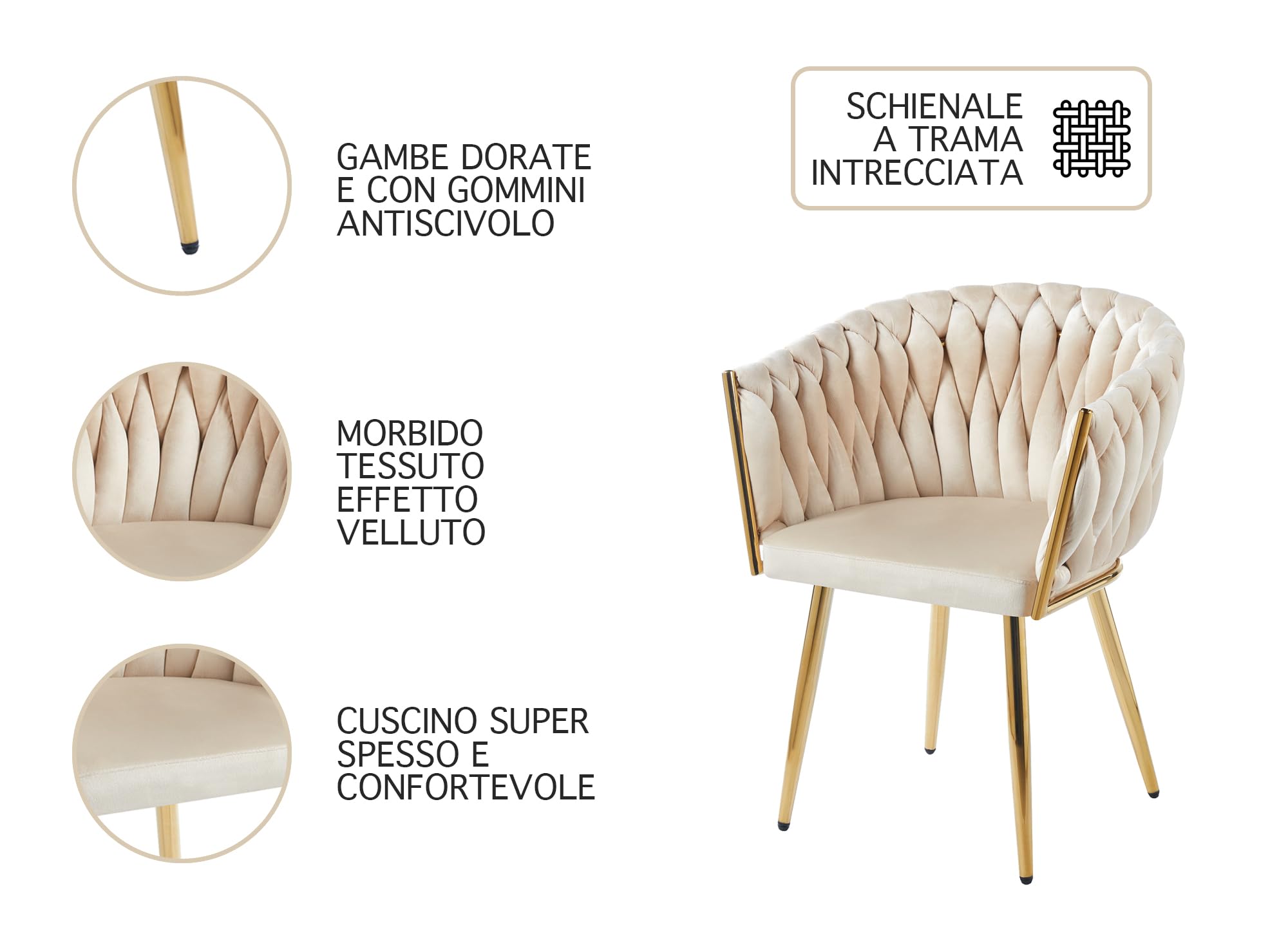 IlGruppone Poltrona con Schienale in Velluto Intrecciato Design Moderno, Sedia Imbottita Circolare con Gambe in Metallo Placcato Oro Poltroncina - Beige