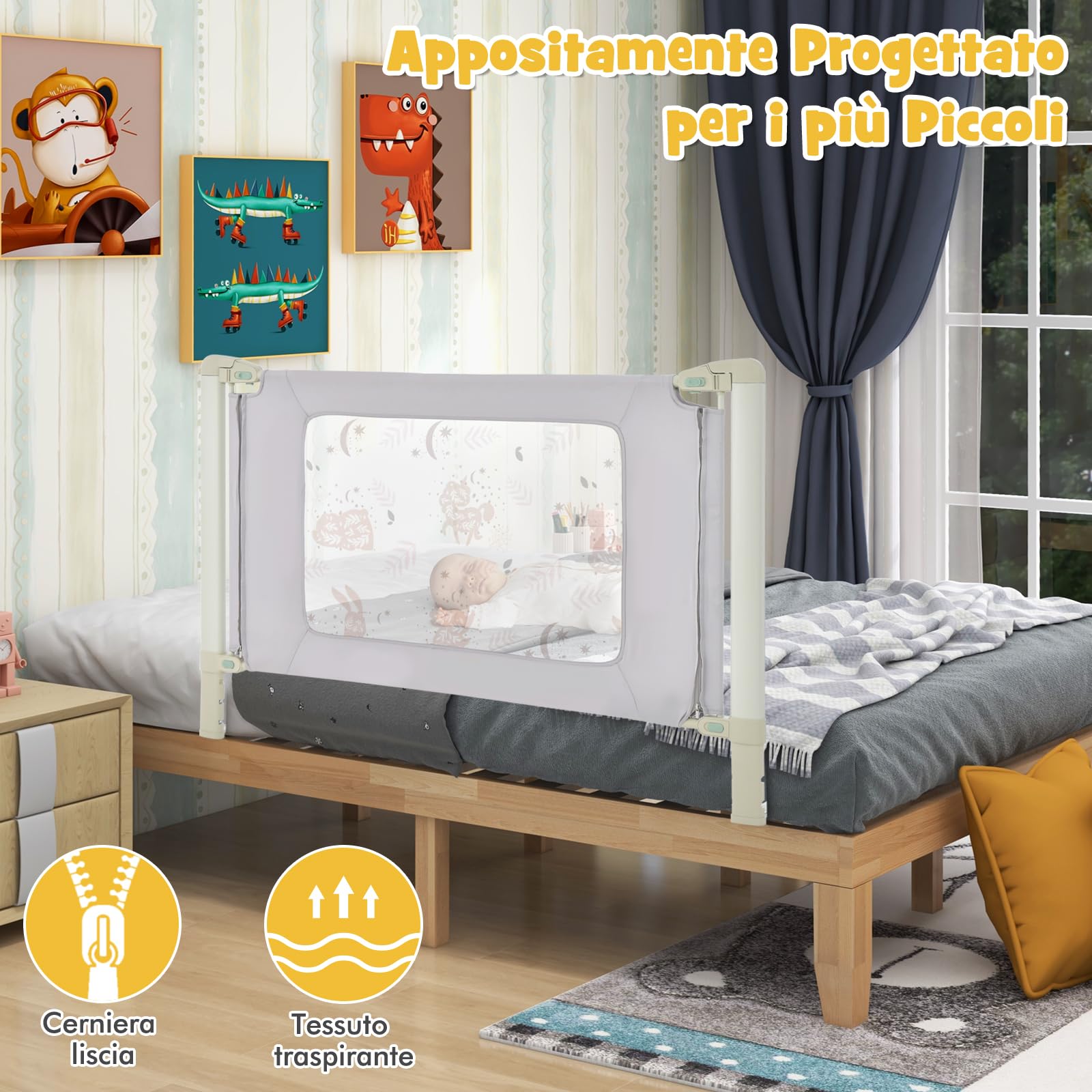 Barriera Letto Bambini 180 Cm - Sponda Anticaduta Con Altezza Regolabile, Doppio Bloccaggio - Grigio