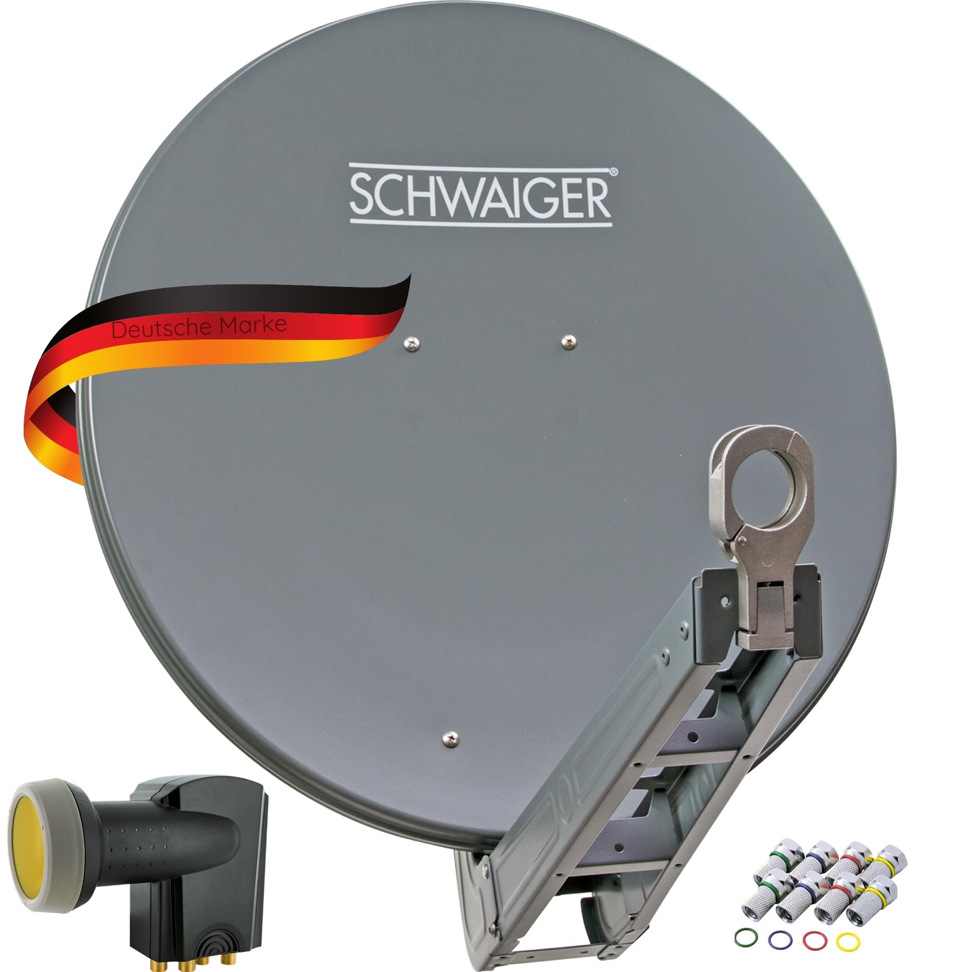 SCHWAIGER Kit complet de parabole satellite - Ø 80 cm - Antenne offset en aluminium anthracite - Avec Quad LNB 4 voies et LNB double bras de support - Réception numérique HD et 4K - Guide-câble