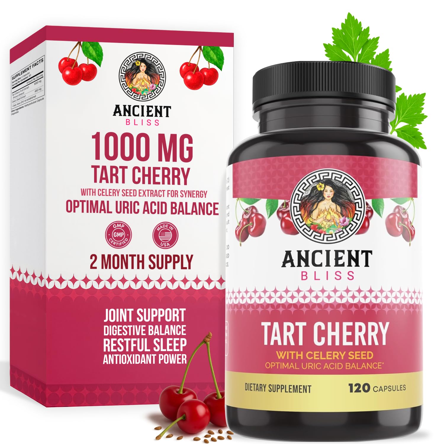 Ancient Bliss Tart Cherry Capsules, Inflammation & Joint Support Supplement for Men & Women, Tart Cherry Supplement to Support Digestion, Sleep &